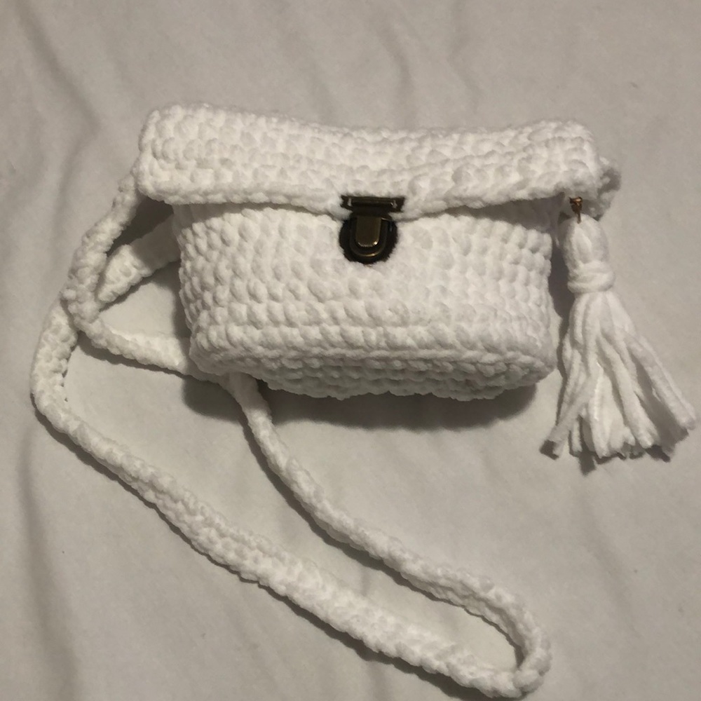 Handmade Crochet White Bag, Crossbody Bag, Knitted Purse, Clutch, Square Bag,